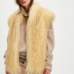 Free People Pale Yellow Long Faux Fur Open Vest - Laila Faux Fur Vest
